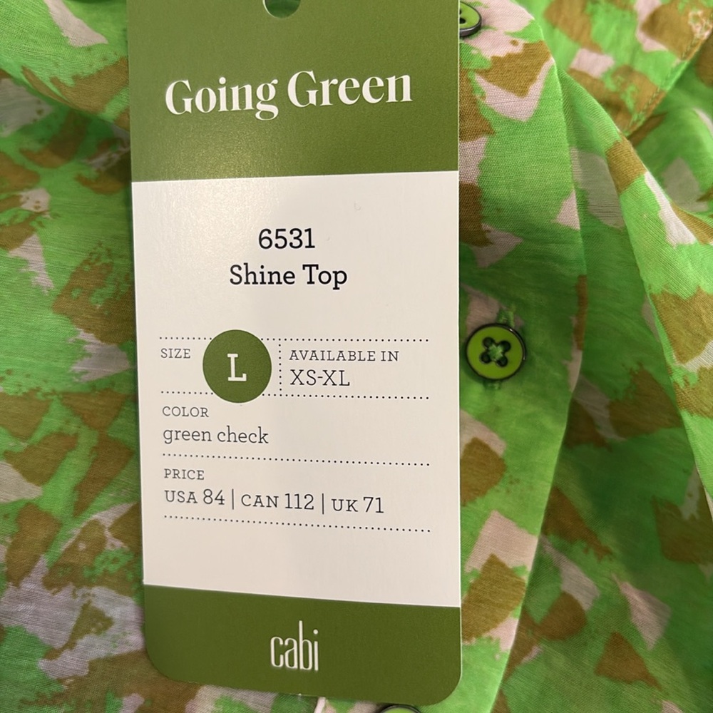 NWT CAbi Lime Green & Cream Print Sleeveless Collared ‘Shine’ Top. Size L. - Picture 7 of 8